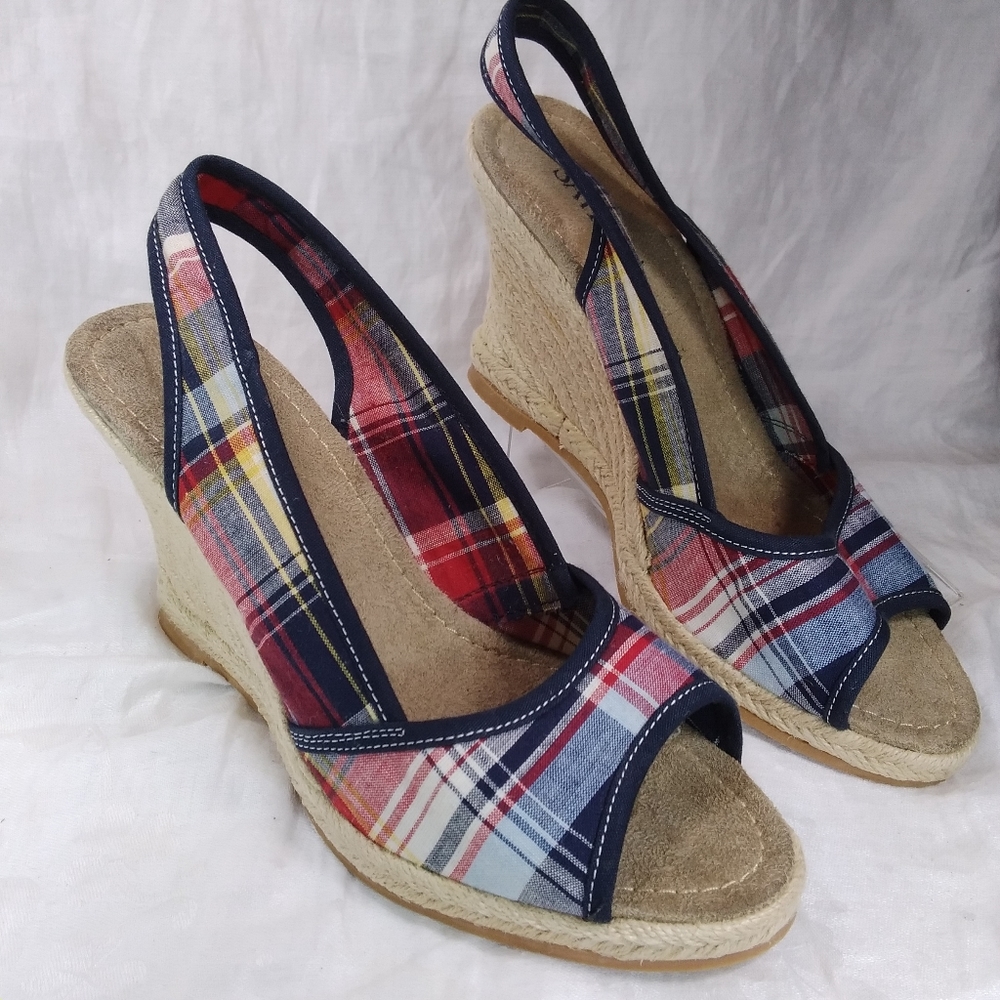 Sahara Buckley Red White Blue Plaid SANDALS Womens Size 10M Slingback Wedge Heel